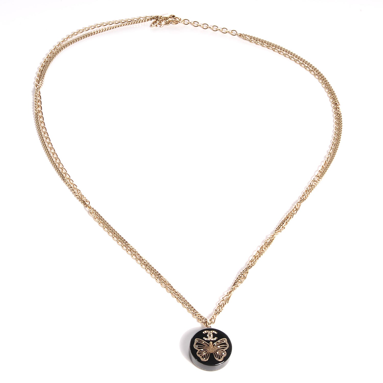 Chanel Crystal Resin Butterfly CC Pendant Necklace Black Gold 3 of 7