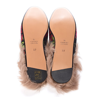 Gucci Brocade Fur Floral Womens Princetown Slippers 37 Black Anthracite 5 of 8