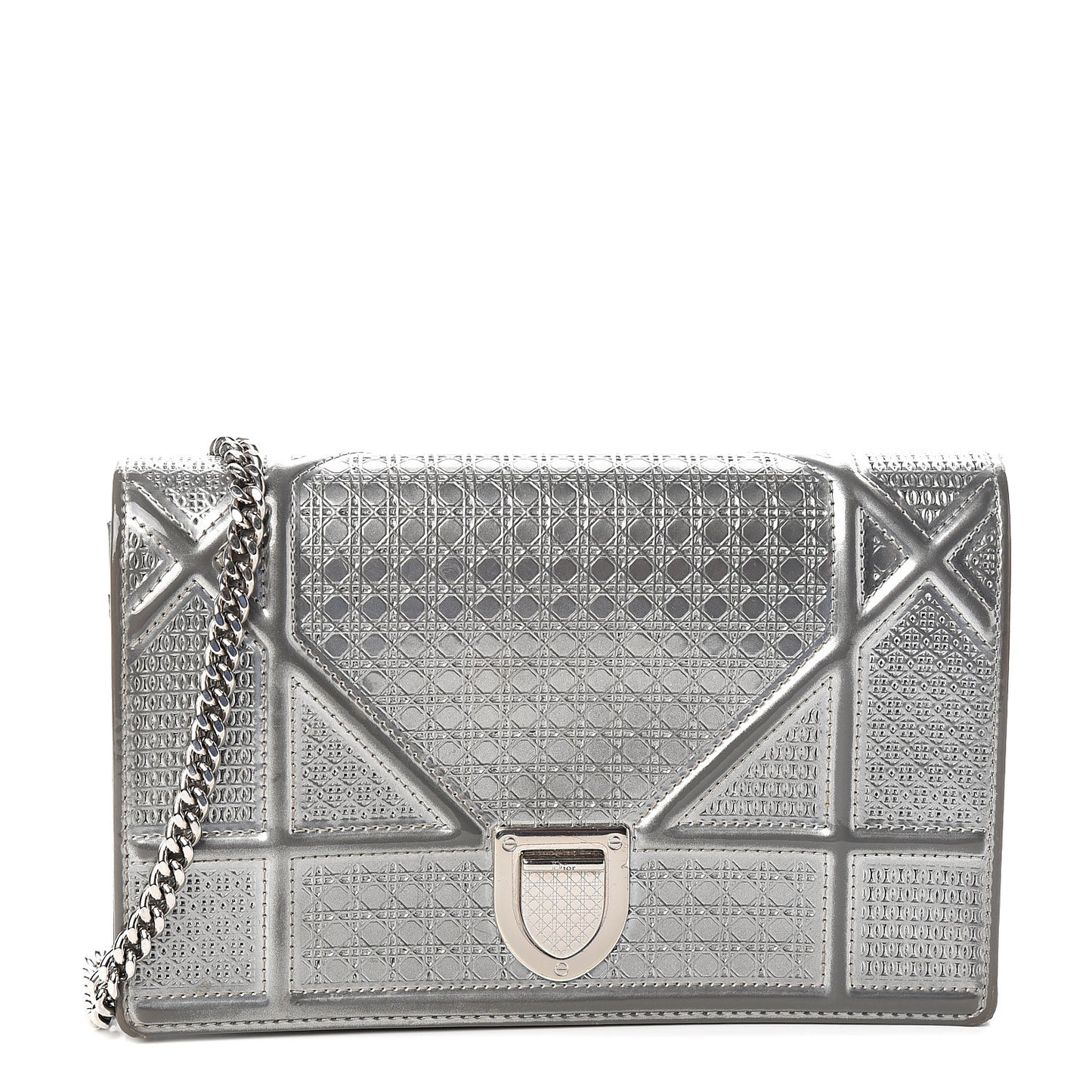 Metallic Patent Micro-Cannage Diorama Wallet on Chain Pouch Silver