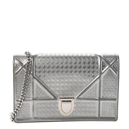 Christian Dior Metallic Patent Micro-Cannage Diorama Wallet on Chain Pouch Silver 1 of 10