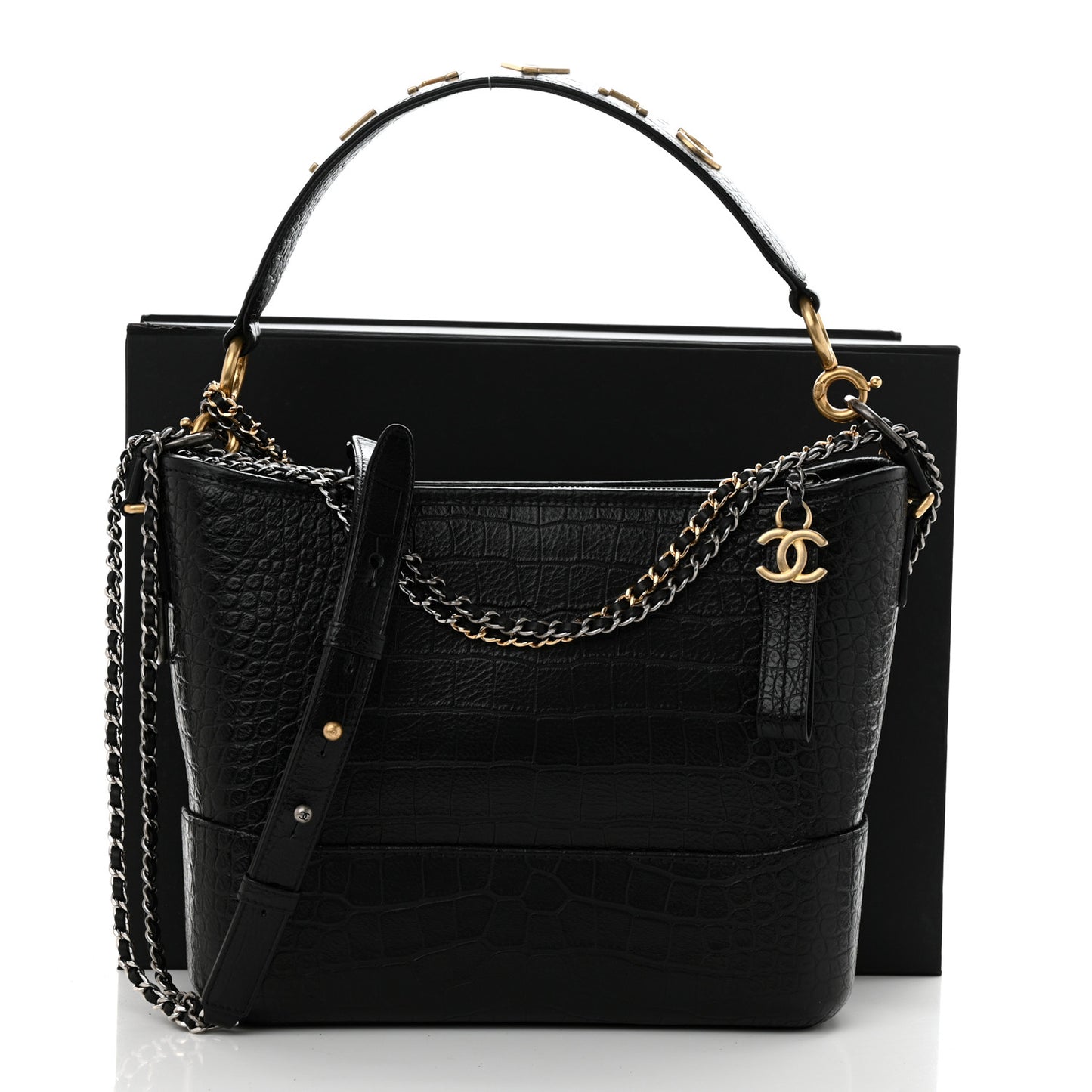 Crocodile Embossed Calfskin Medium Gabrielle Cocodile Hobo Black