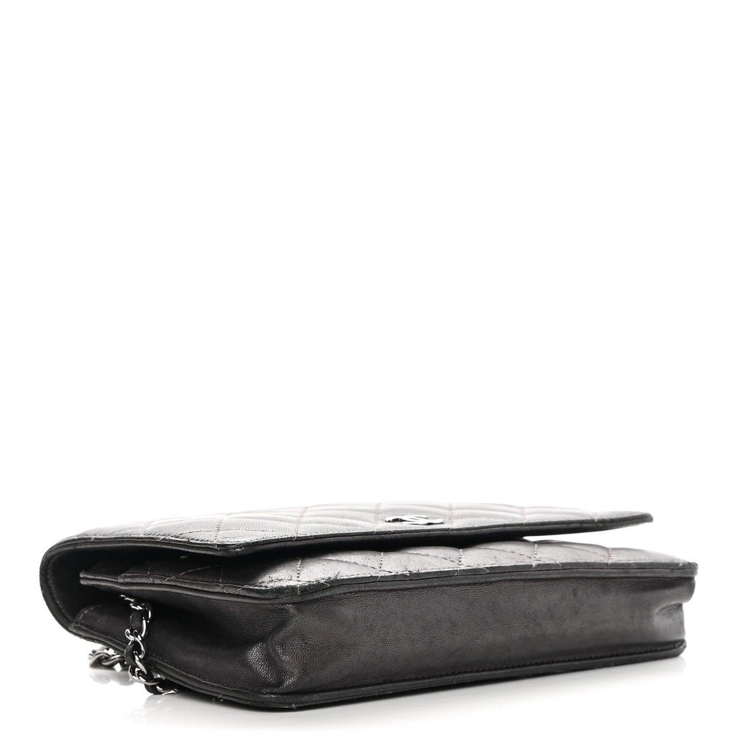 Metallic Lambskin Quilted Wallet On Chain WOC Dark Grey