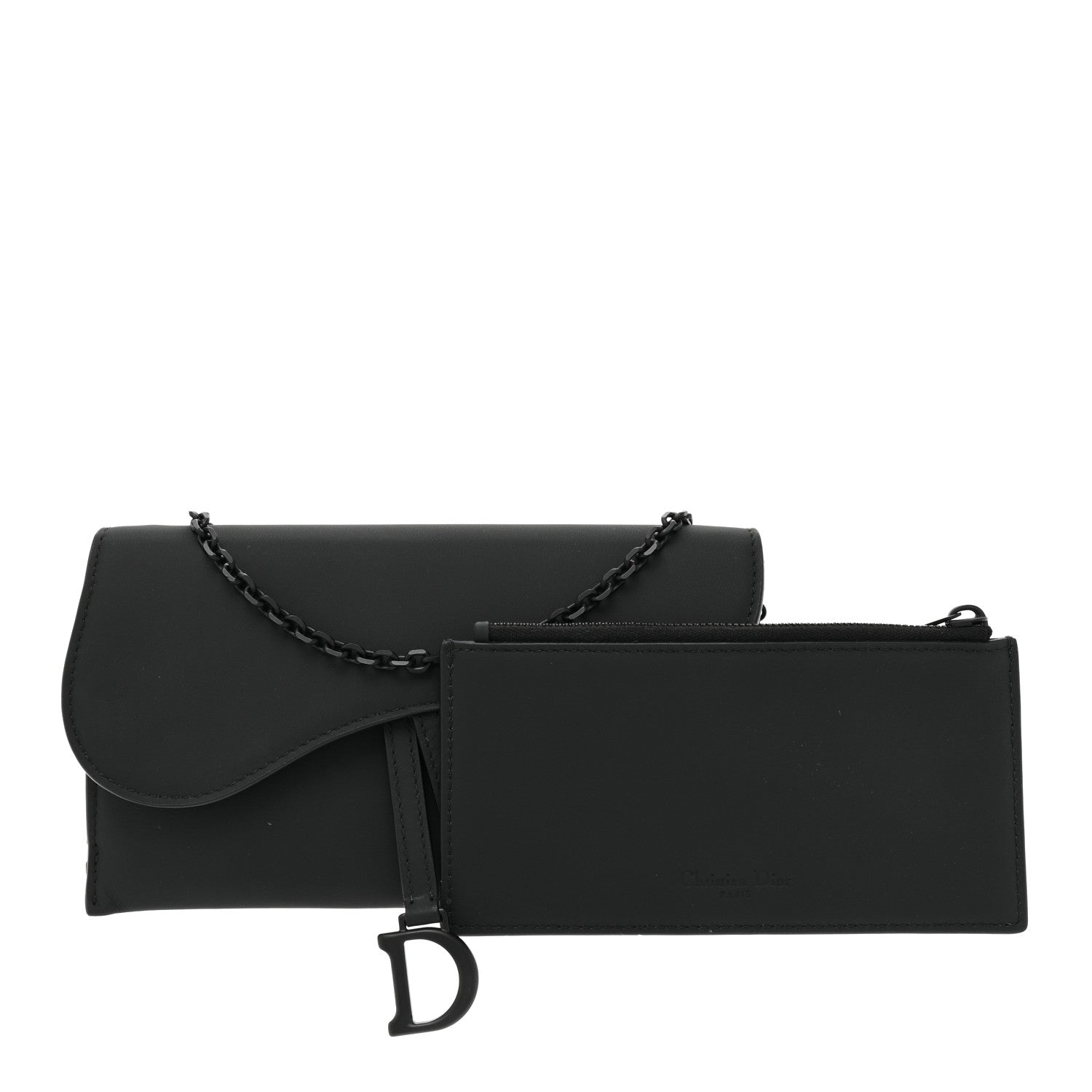 Christian Dior Ultra Matte Calfskin Saddle Chain Wallet Pouch Black 1 of 13