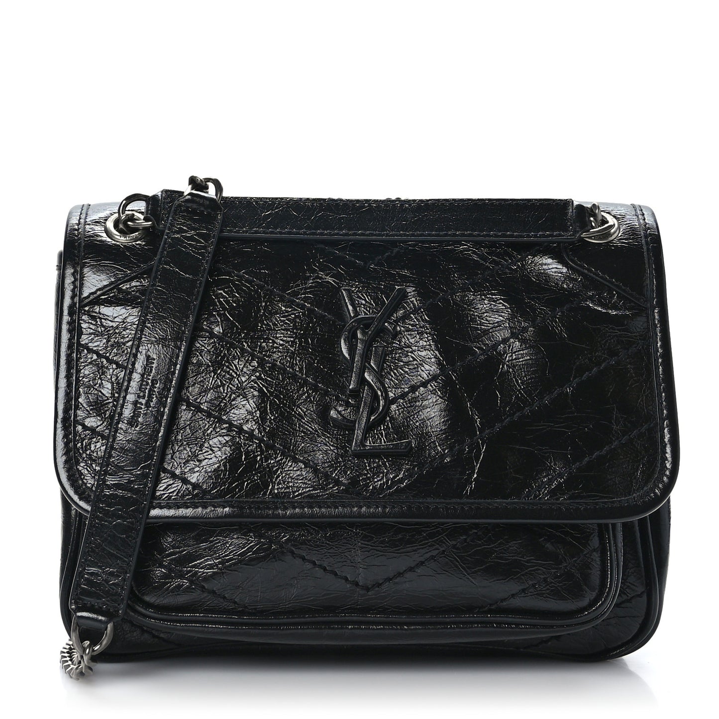 Crinkled Calfskin Matelasse Monogram Baby Niki Chain Satchel Black