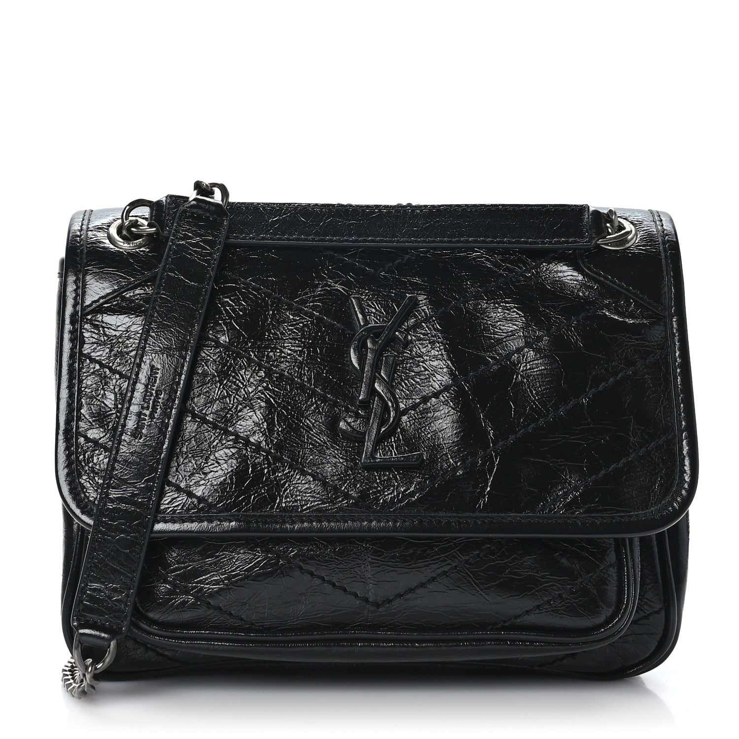 Saint Laurent Crinkled Calfskin Matelasse Monogram Baby Niki Chain Satchel Black 1 of 9