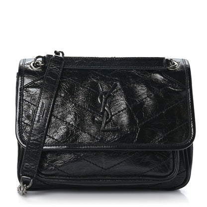 Saint Laurent Crinkled Calfskin Matelasse Monogram Baby Niki Chain Satchel Black 1 of 9