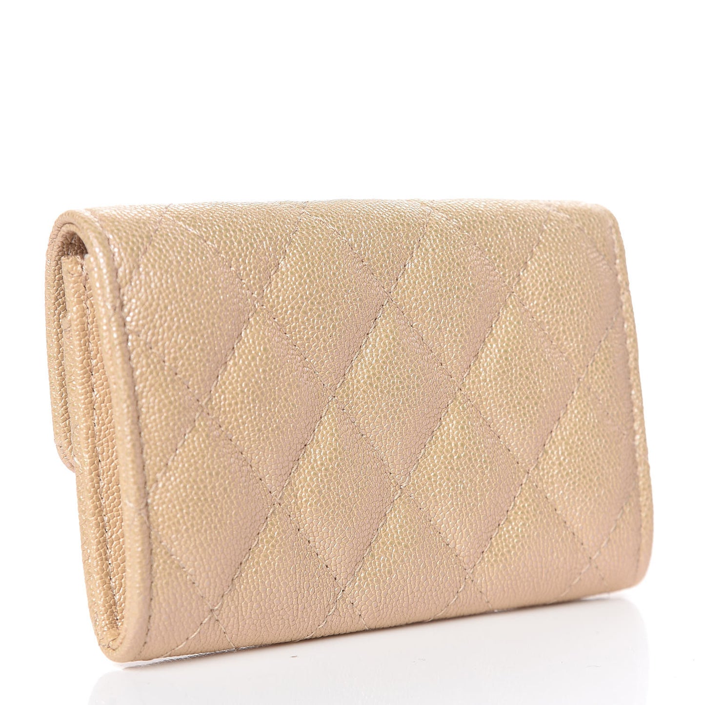 Iridescent Caviar Quilted Flap Card Holder Beige