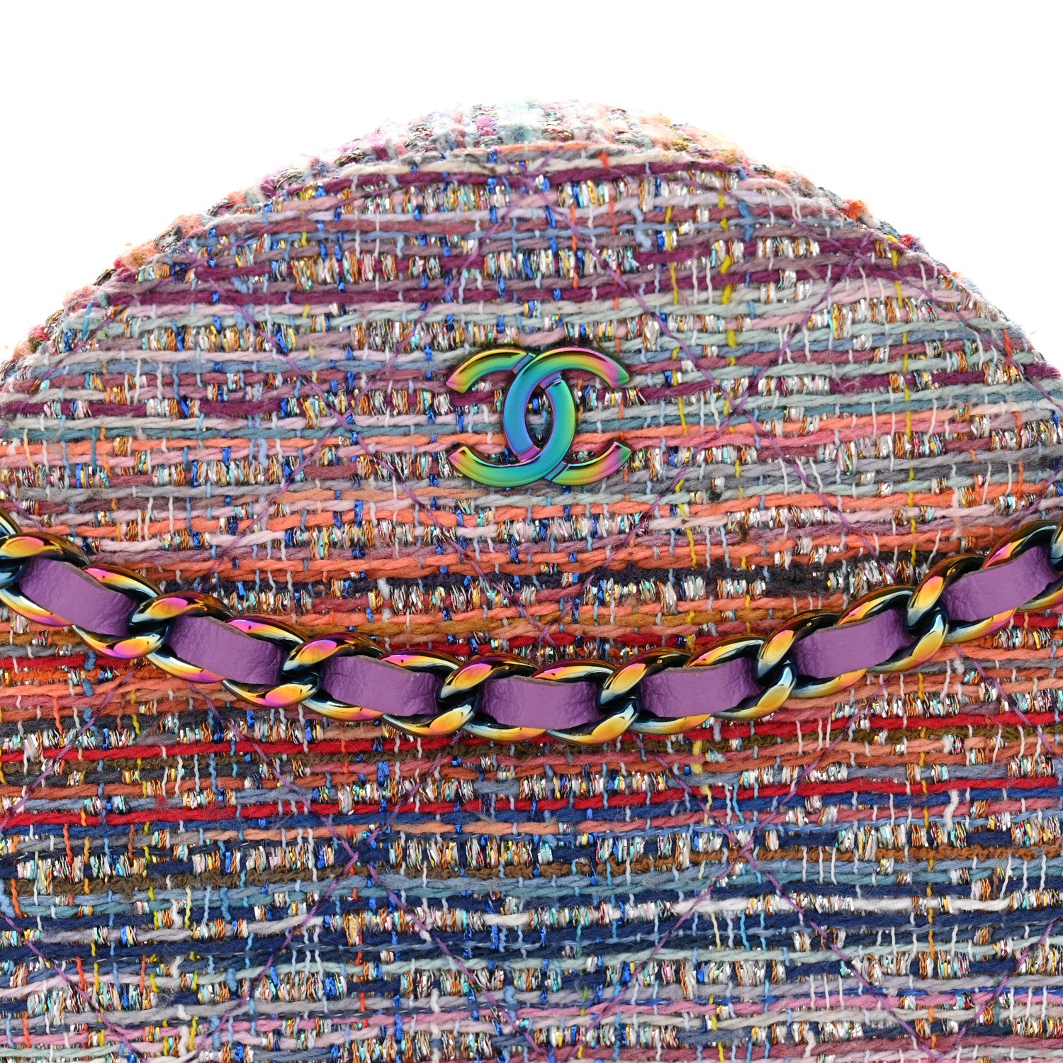 Chanel Tweed Quilted Round Clutch With Chain Blue Pink Orange 8 of 10