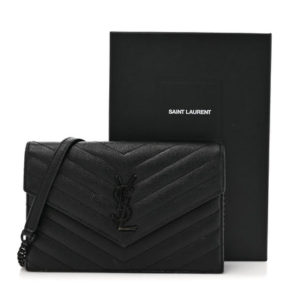 Saint Laurent Grain De Poudre Matelasse Chevron Monogram Monochrome Envelope Chain Wallet Black 20 of 20