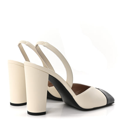 Chanel Lambskin Patent Calfskin Cap Toe CC Slingback Pumps 39.5 Ivory Black 5 of 10
