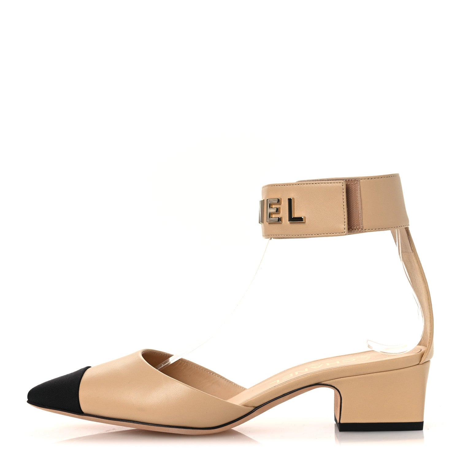 Chanel Lambskin Grosgrain Cap Toe Logo Ankle Strap Pumps 38 Beige Black 1 of 11