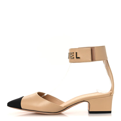 Chanel Lambskin Grosgrain Cap Toe Logo Ankle Strap Pumps 38 Beige Black 1 of 11