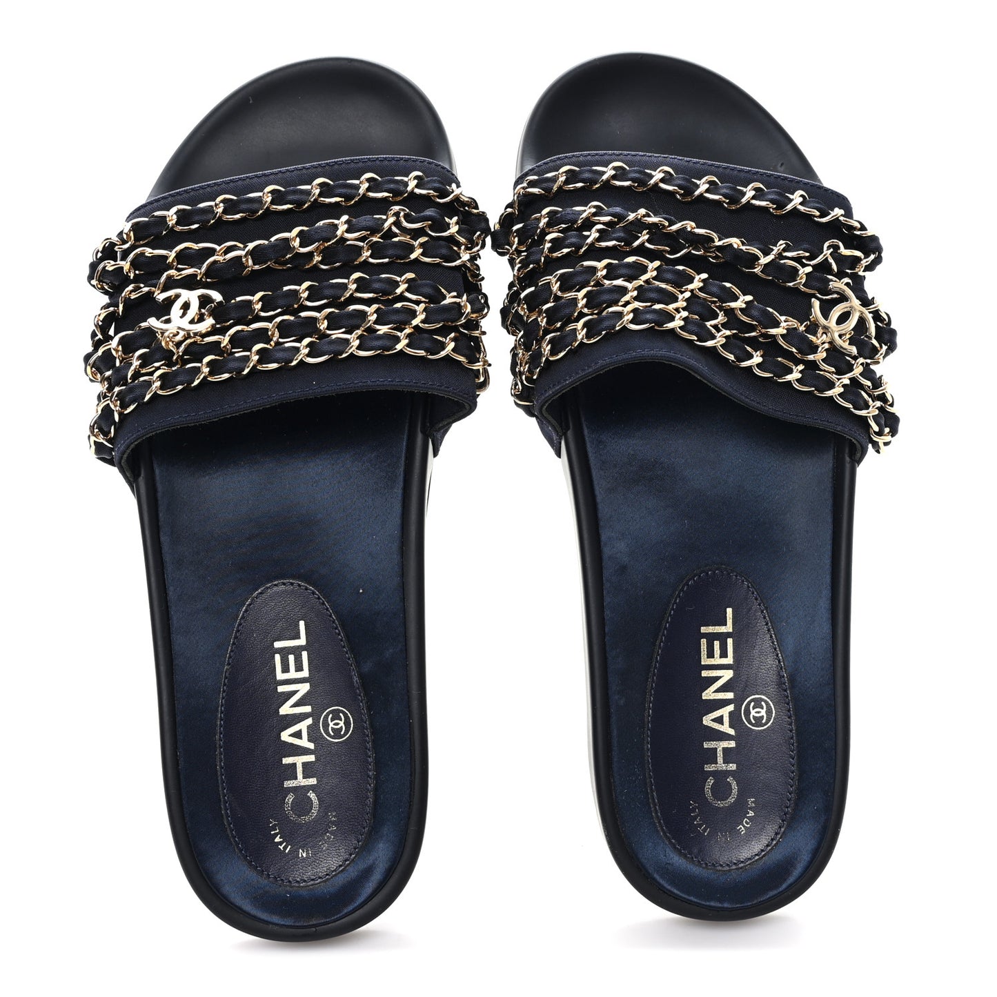 Satin Canvas Chain Slides Sandals Flats 38 Marine