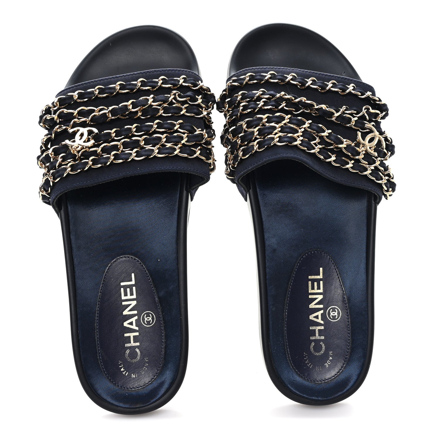 Chanel Satin Canvas Chain Slides Sandals Flats 38 Marine 2 of 9