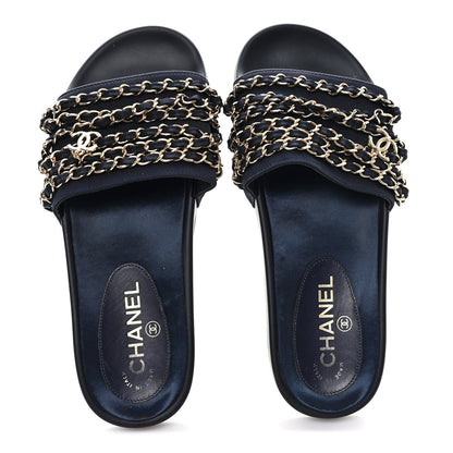 Chanel Satin Canvas Chain Slides Sandals Flats 38 Marine 2 of 9