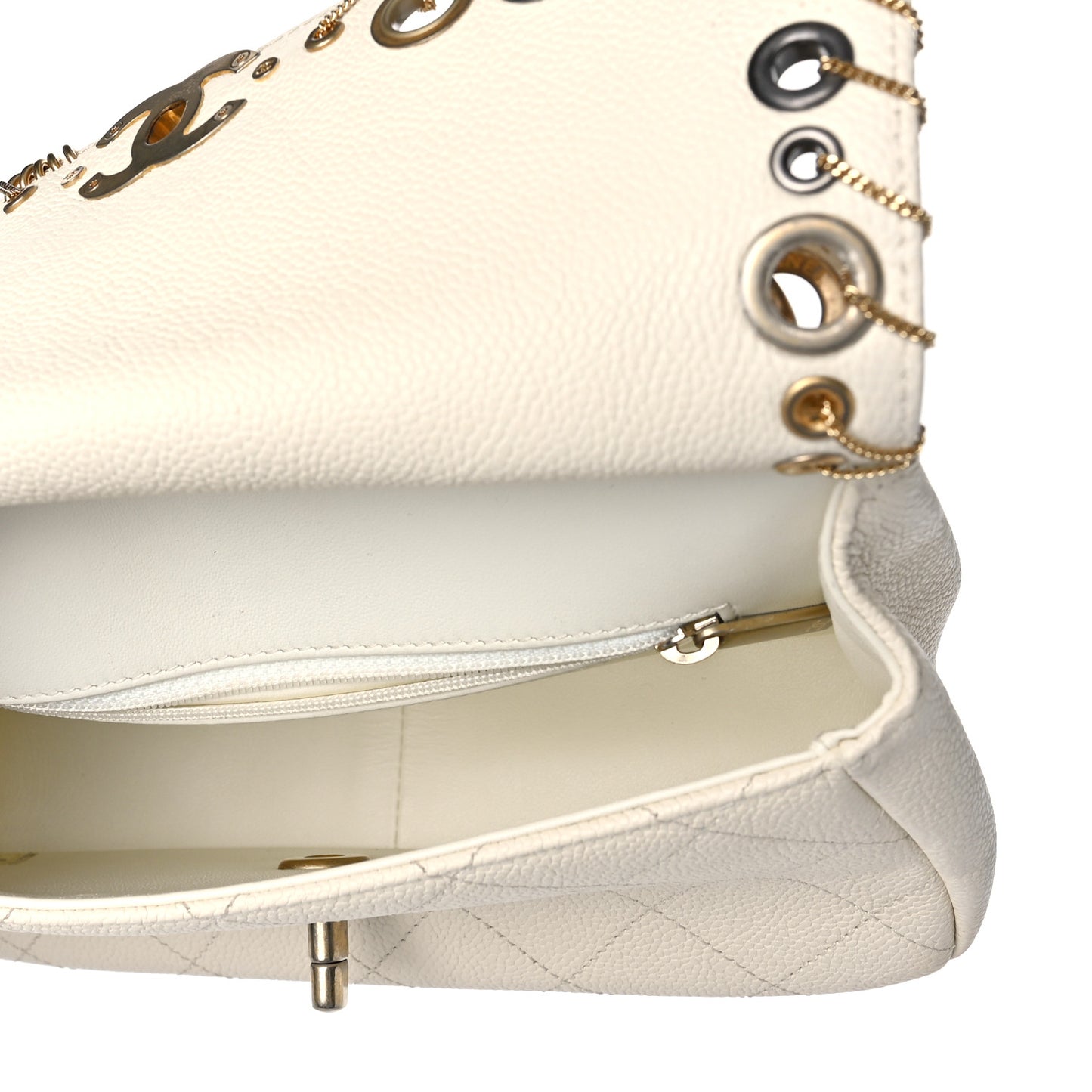 Caviar Quilted Grommet Embellished Small Piercing Chic Flap Bag Ivory