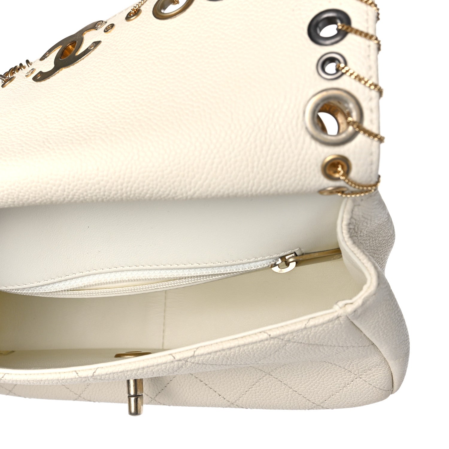 Chanel Caviar Quilted Grommet Embellished Small Piercing Chic Flap Bag Ivory 5 of 10