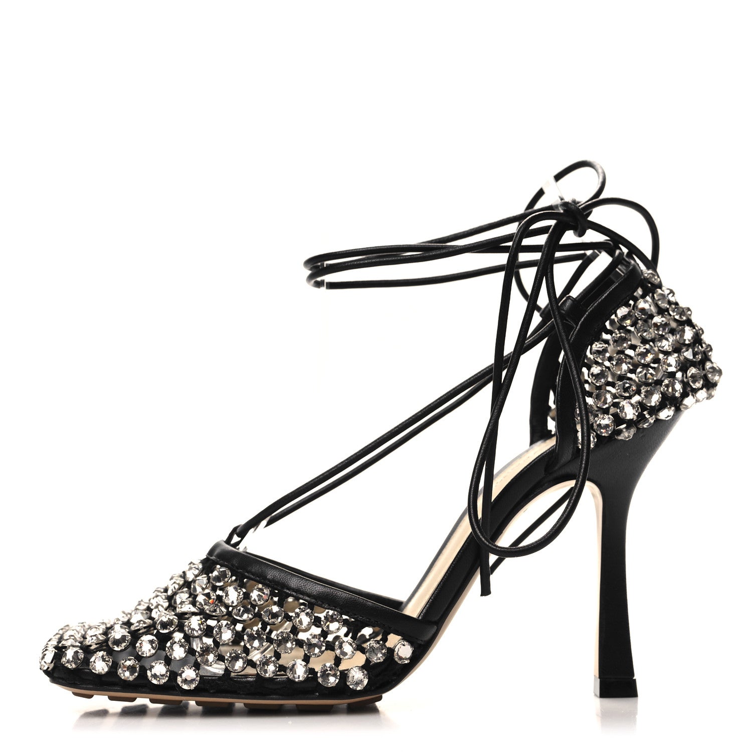 Bottega Veneta Mesh Nappa Crystal Embellished Sparkle Stretch Ankle Tie Sandals 37 Black 1 of 8