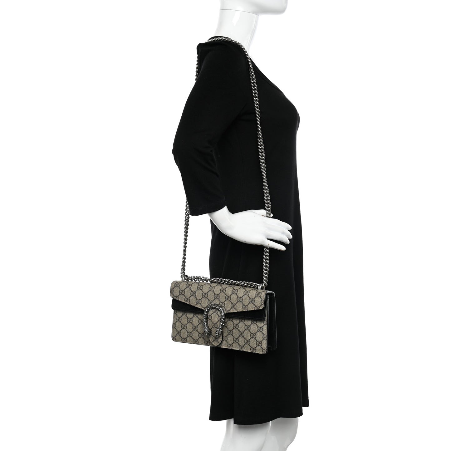 GG Supreme Monogram Suede Crystal Small Dionysus Shoulder Bag Beige Ebony Black