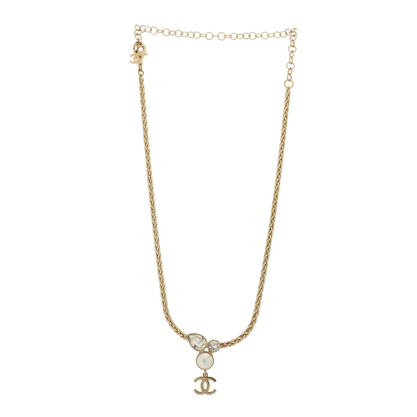 Crystal Pearl CC Drop Necklace Gold