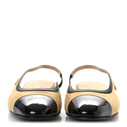 Chanel Suede Patent Crystal CC Cap Toe Slingback Flats 37 Beige Black 3 of 13