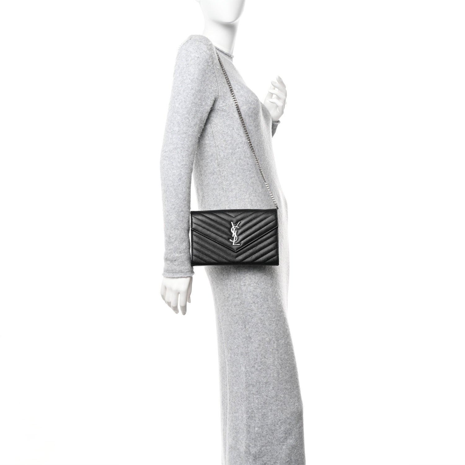 Saint Laurent Grain De Poudre Matelasse Chevron Monogram Chain Wallet Black 2 of 14