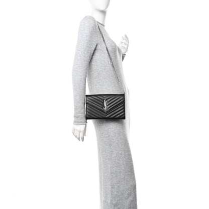 Saint Laurent Grain De Poudre Matelasse Chevron Monogram Chain Wallet Black 2 of 14