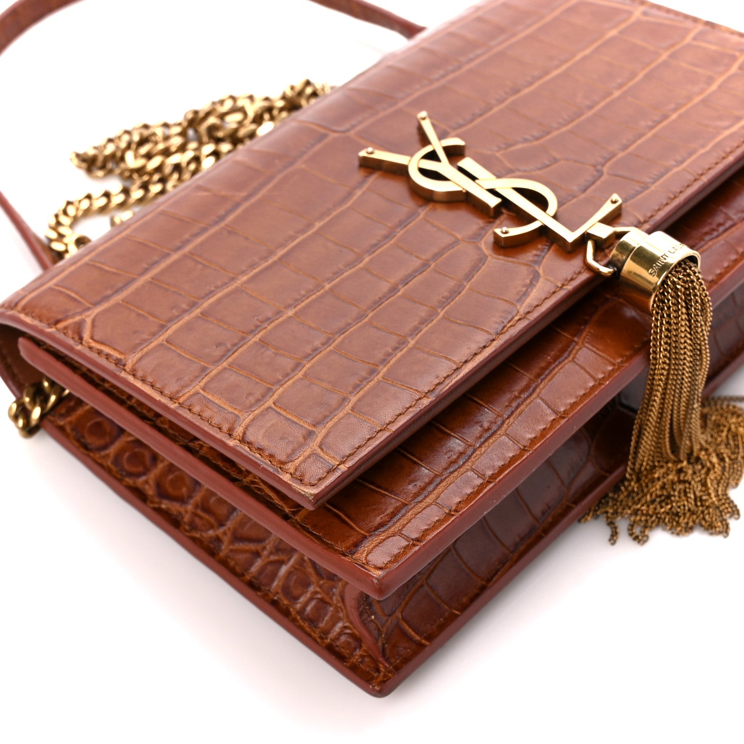 Saint Laurent Calfskin Crocodile Embossed Kate Monogram Tassel Chain Wallet Cuoio Tampona 10 of 11