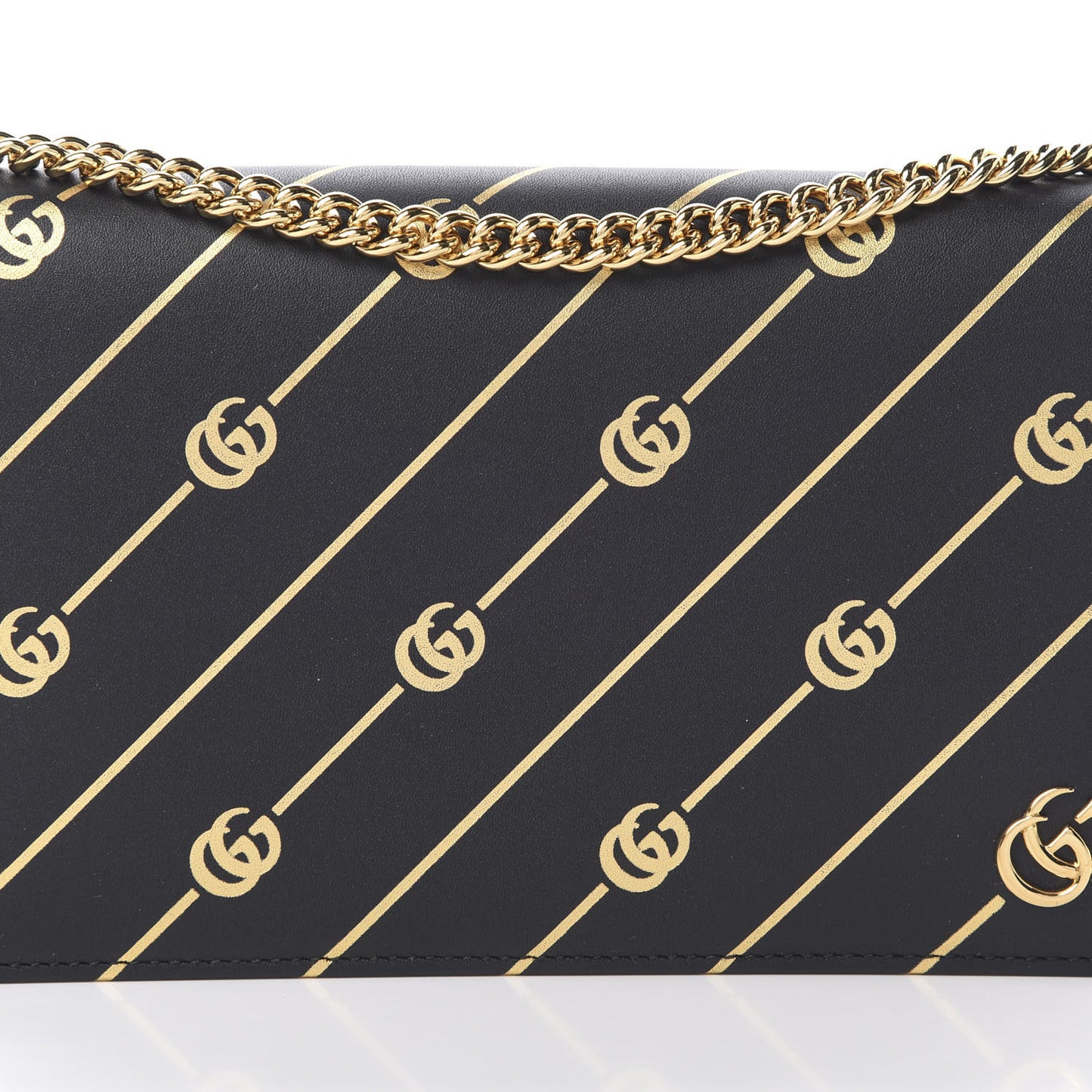 Calfskin Diagonal GG Mini Chain Wallet Black Gold