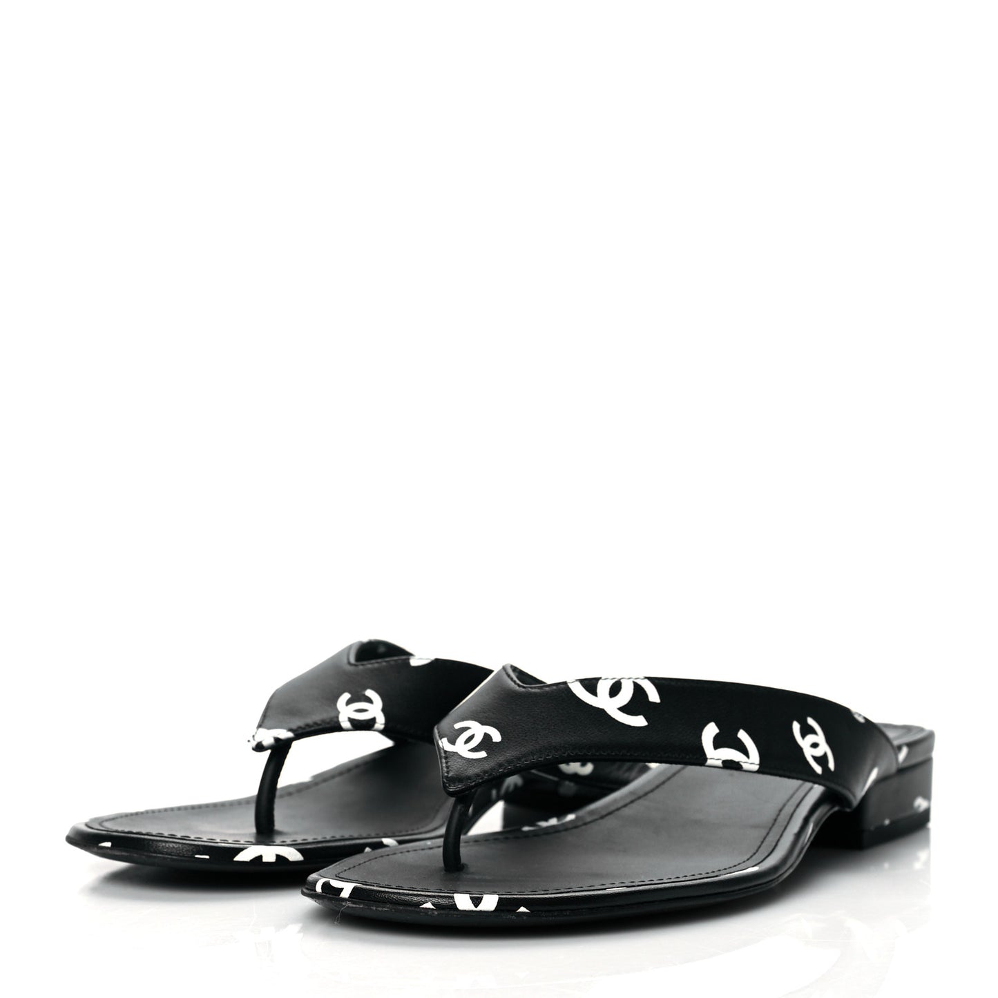 Lambskin Printed CC Thong Sandals 38.5 Black White