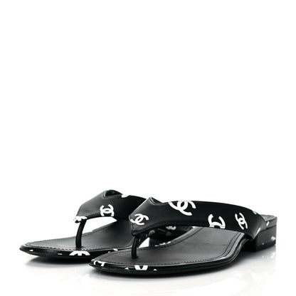 Chanel Lambskin Printed CC Thong Sandals 38.5 Black White 3 of 10