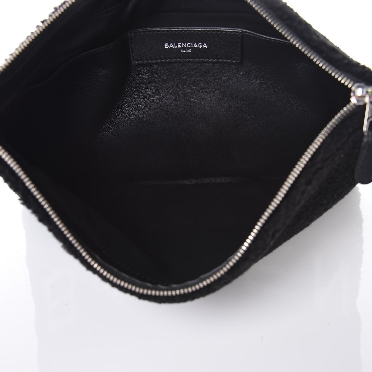 Sheepskin Shearling Contrasted Logo Large Zip Pouch Black