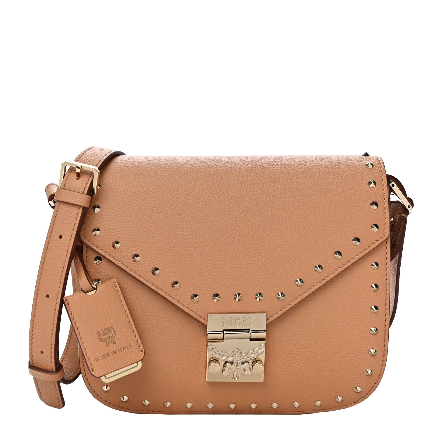 MCM Calfskin Studded Patricia Crossbody Bag Biscuit 1 of 10