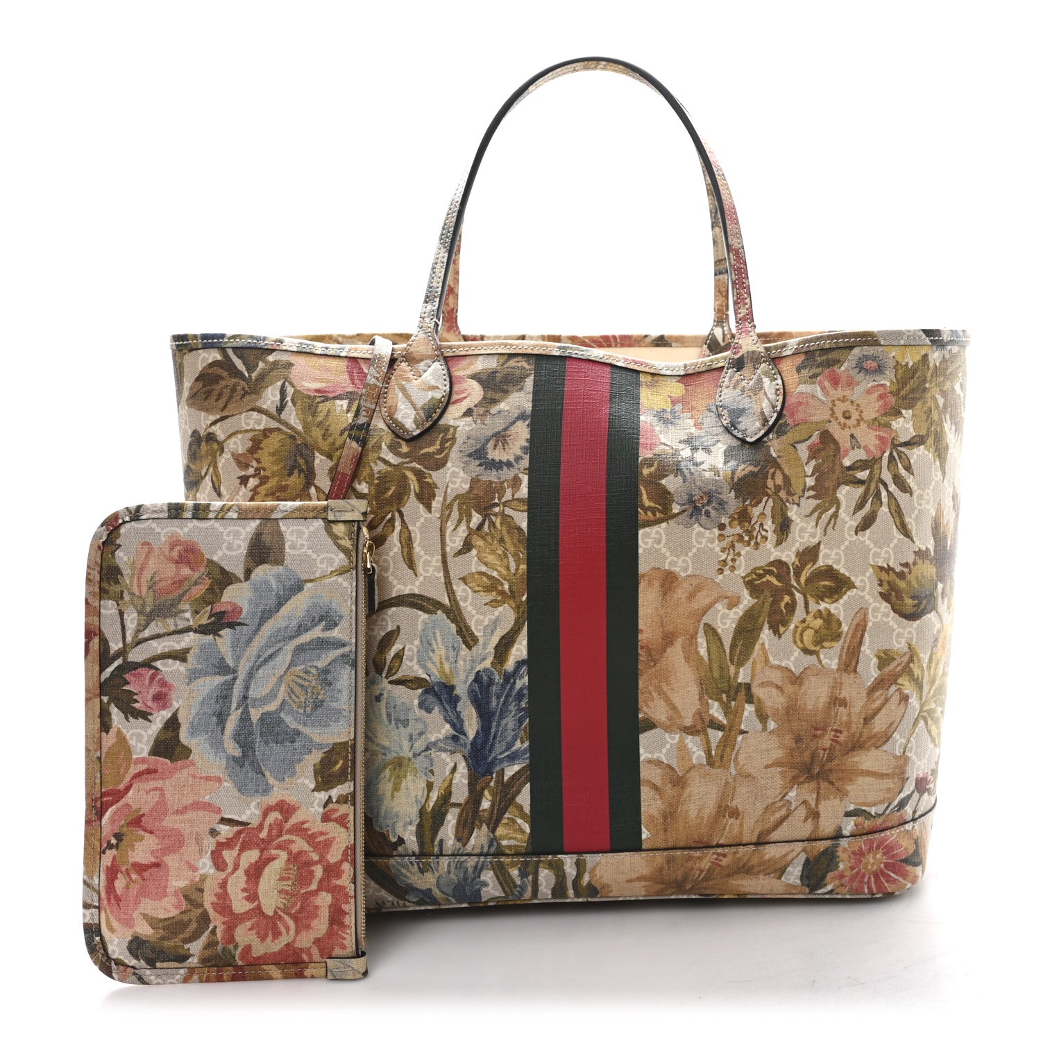 Gucci GG Supreme Monogram Water Flora Web Large Ophidia Tote Beige White Multicolor 3 of 12