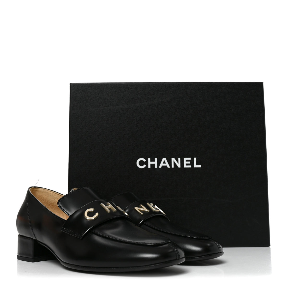 Chanel Shiny Calfskin Logo Loafers 36.5 Black 10 of 10