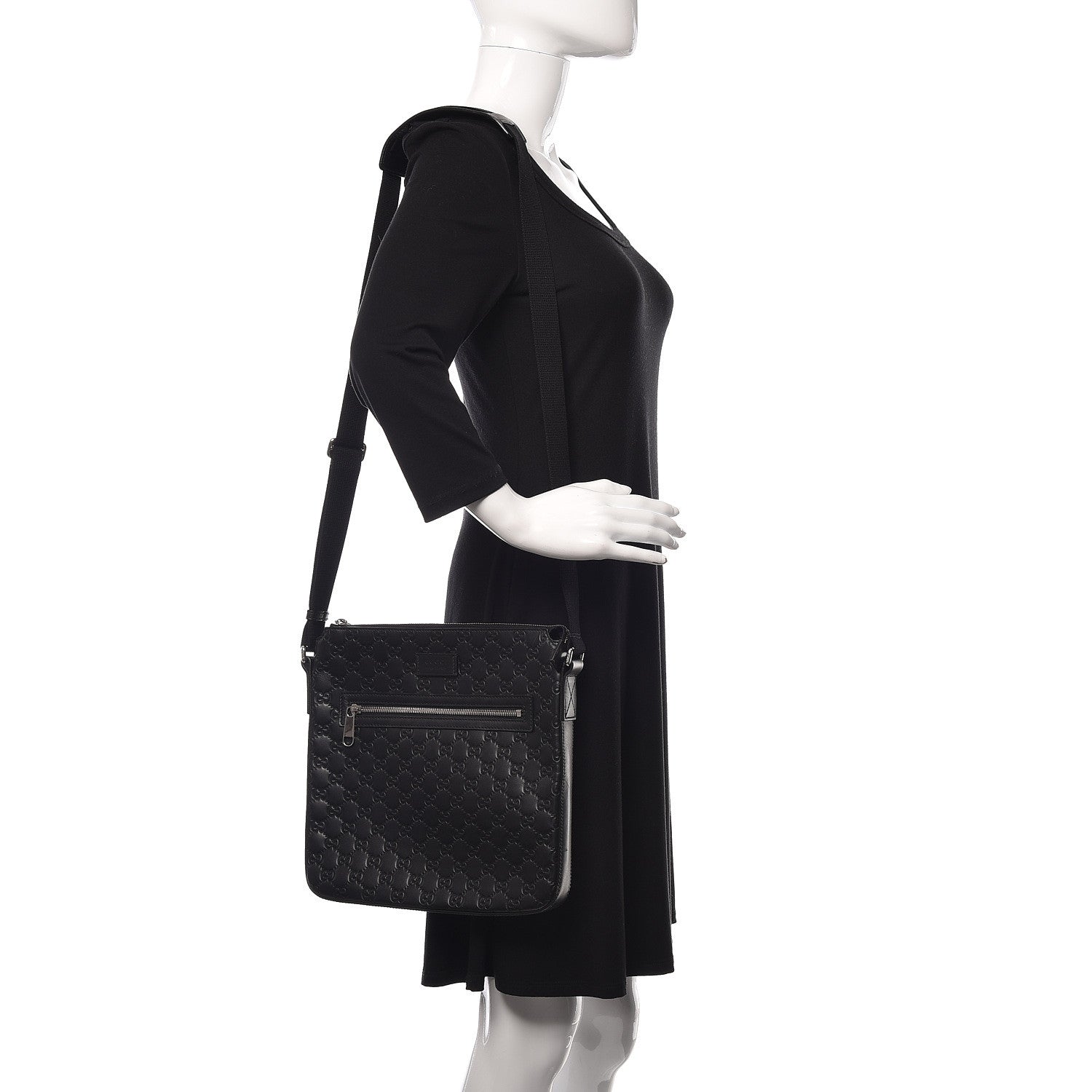 Gucci Guccissima Signature Medium Flat Messenger Bag Black 2 of 9