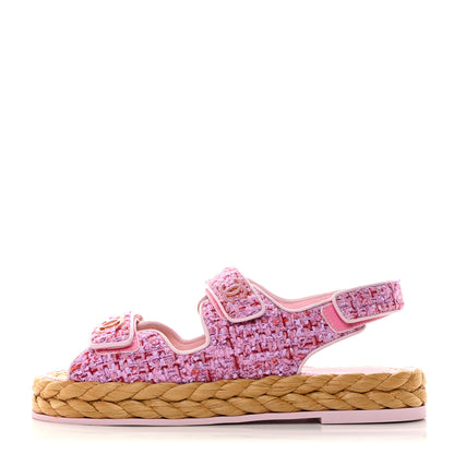 Chanel Tweed Patent Calfskin Velcro Dad Sandals 38.5 Light Purple Pink Red 1 of 10