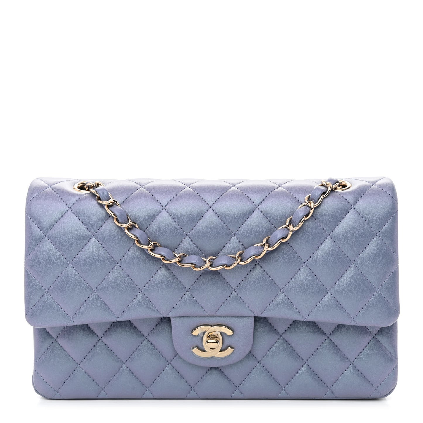 Iridescent Lambskin Quilted Medium Double Flap Light Purple