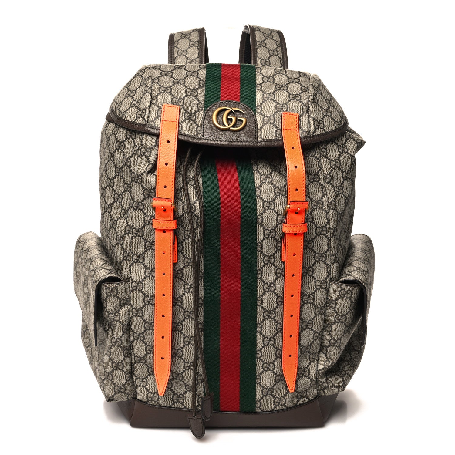 Gucci GG Supreme Monogram Medium Ophidia Double Buckle Backpack Beige Ebony Neon Orange 1 of 10