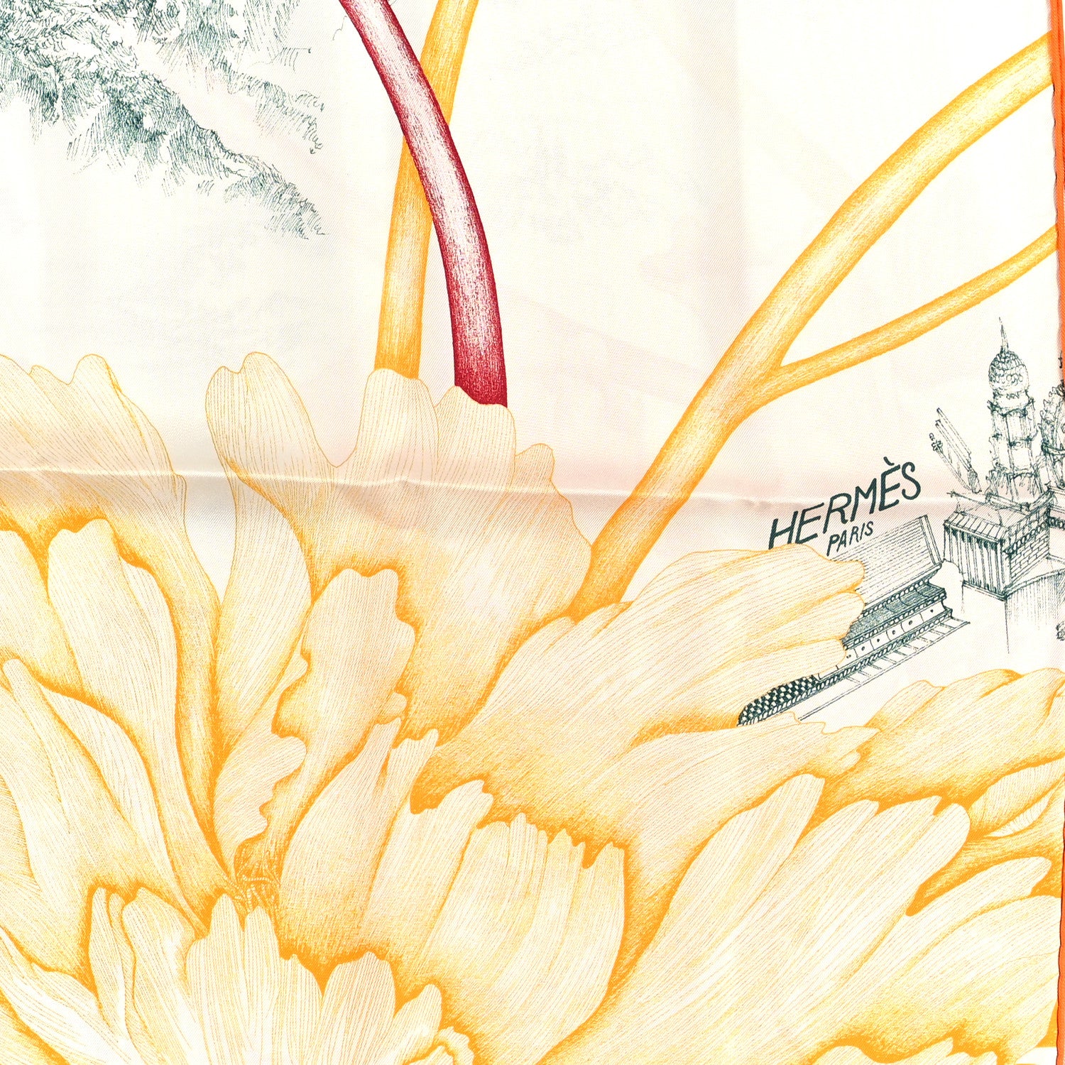 Hermes Silk A l'Ombre des Pivoines Scarf 90 White Orange Vert 2 of 4