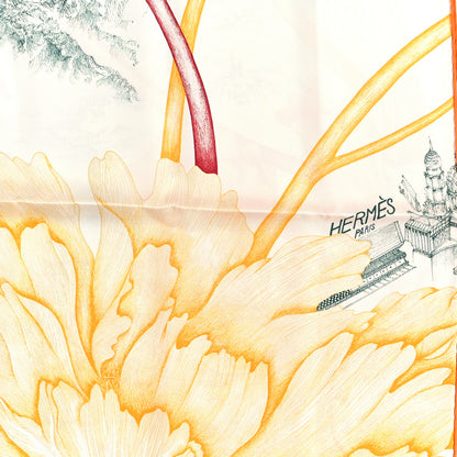 Hermes Silk A l'Ombre des Pivoines Scarf 90 White Orange Vert 2 of 4