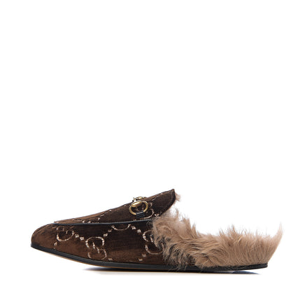 Gucci Velvet GG Monogram Fur Womens Princetown Slippers 35 Brown Black Natural 1 of 9