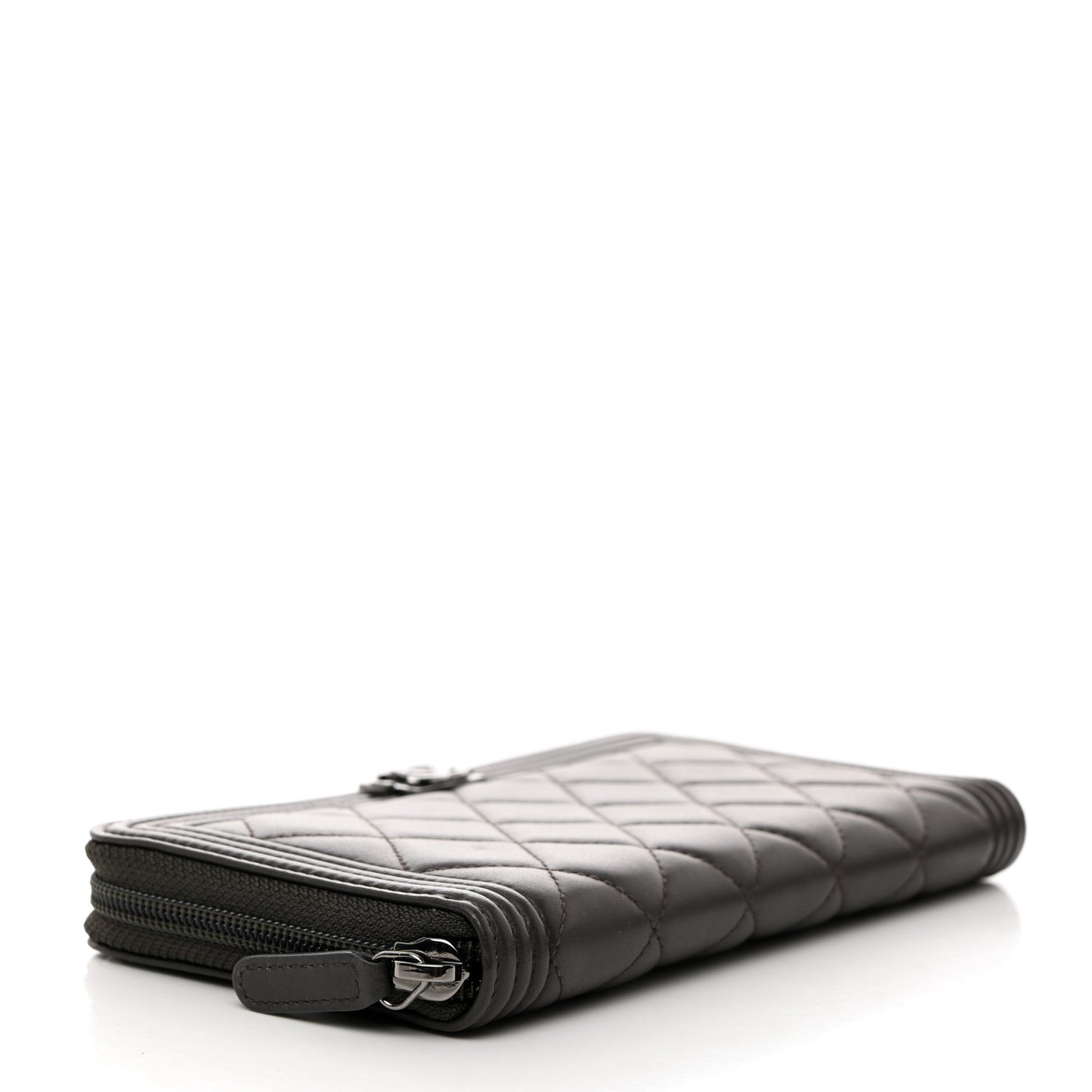 Lambskin Quilted Boy Zip Around Wallet Dark Grey