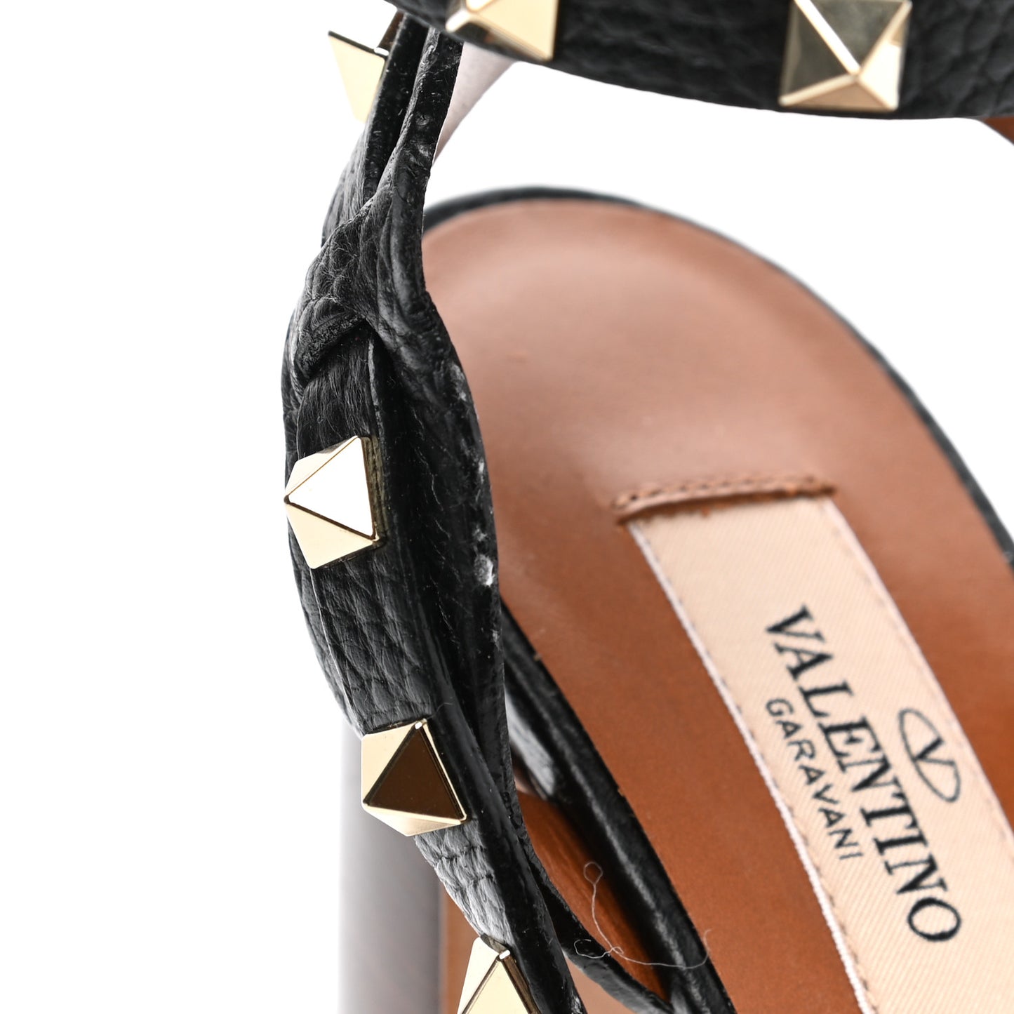 Pebbled Calfskin Rockstud Ankle Strap Sandals 38.5 Black