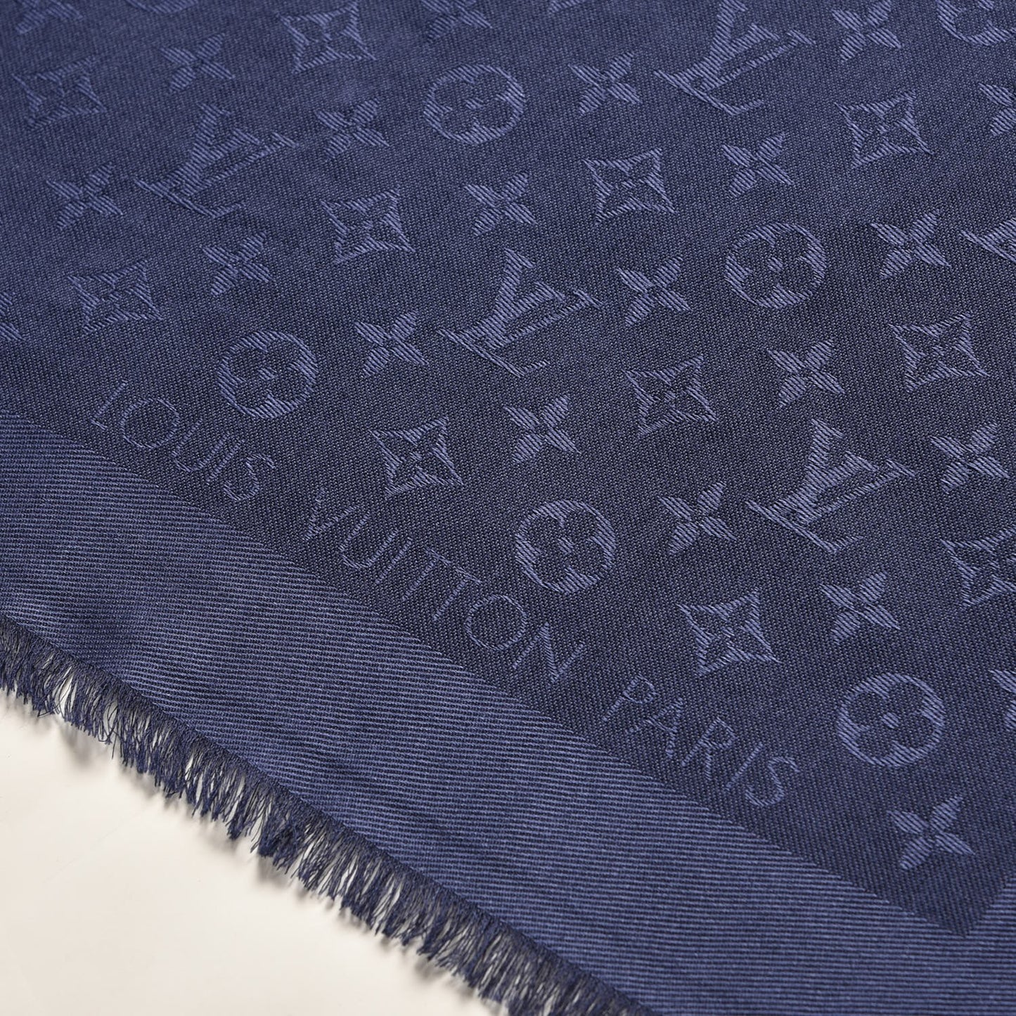 Wool Silk Monogram Shawl Blue Nuit