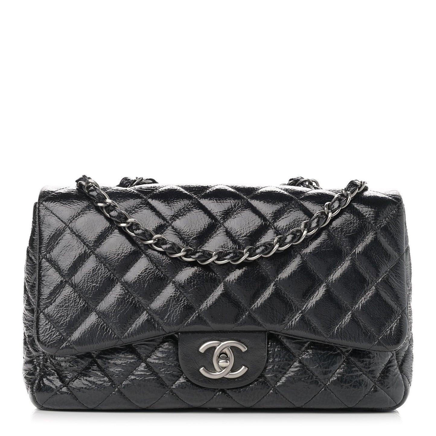 Crinkled Patent Quilted Jumbo Single Flap Black