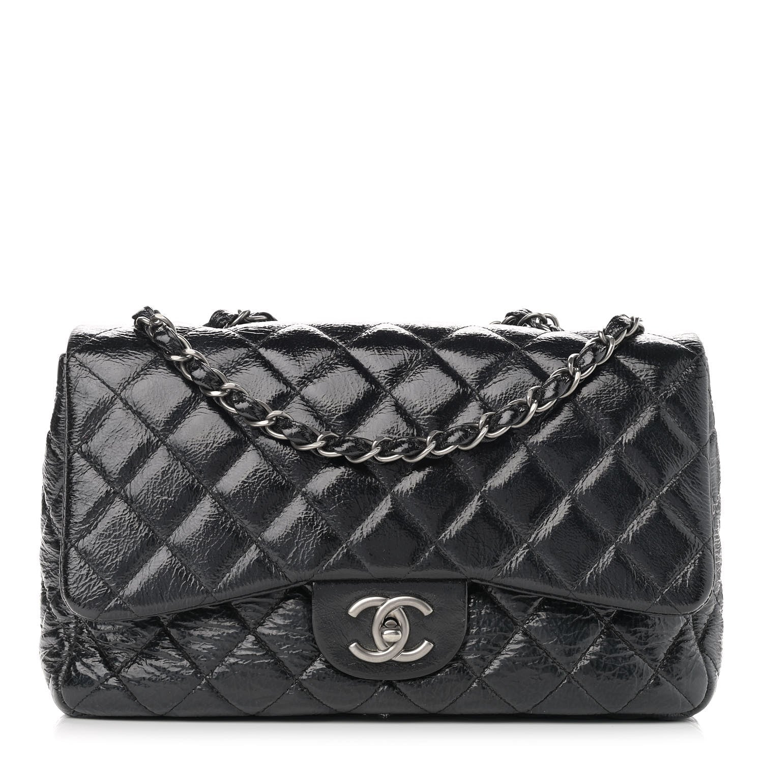 Chanel Crinkled Patent Quilted Jumbo Single Flap Black 1 of 12