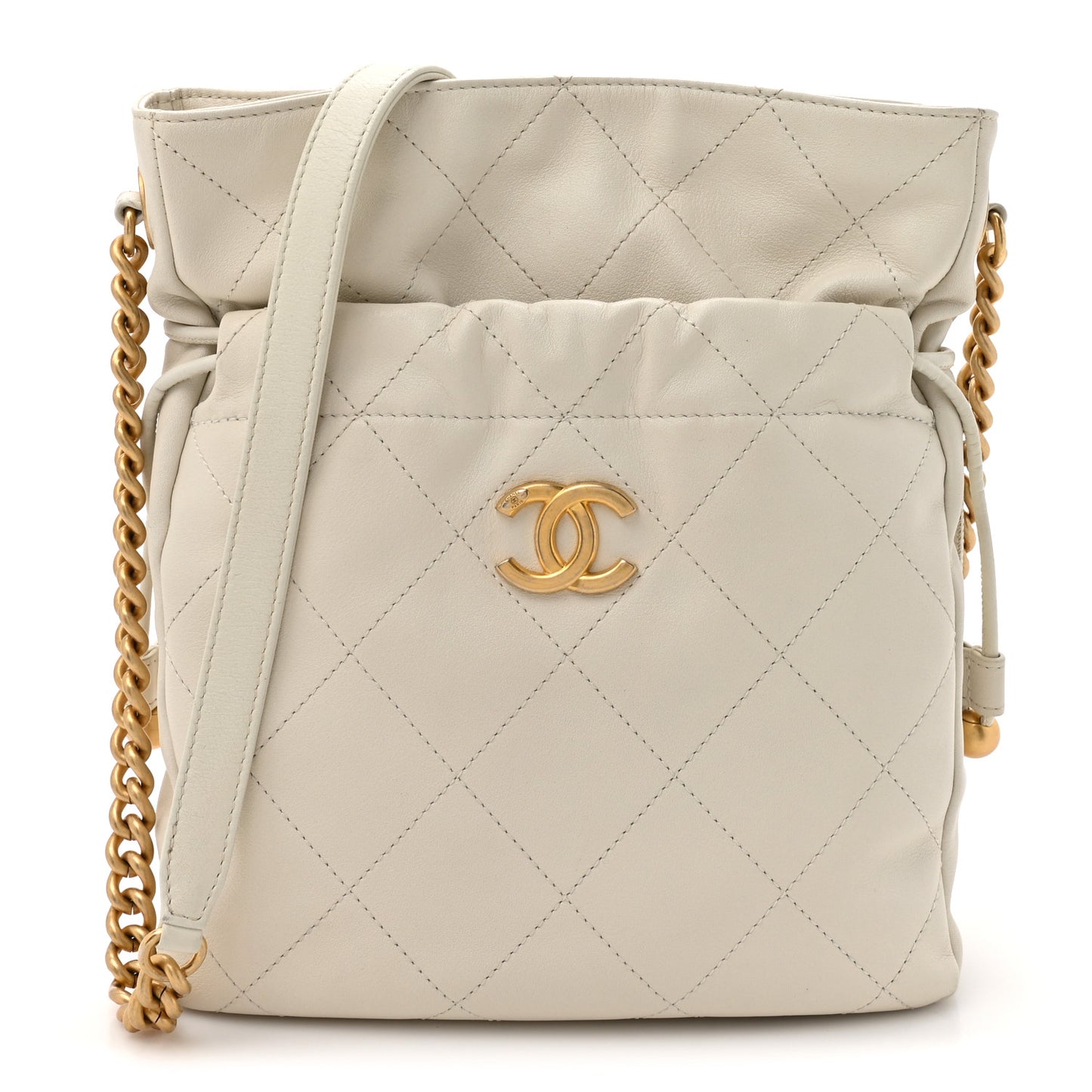 Calfskin Quilted Drawstring Bucket Bag White