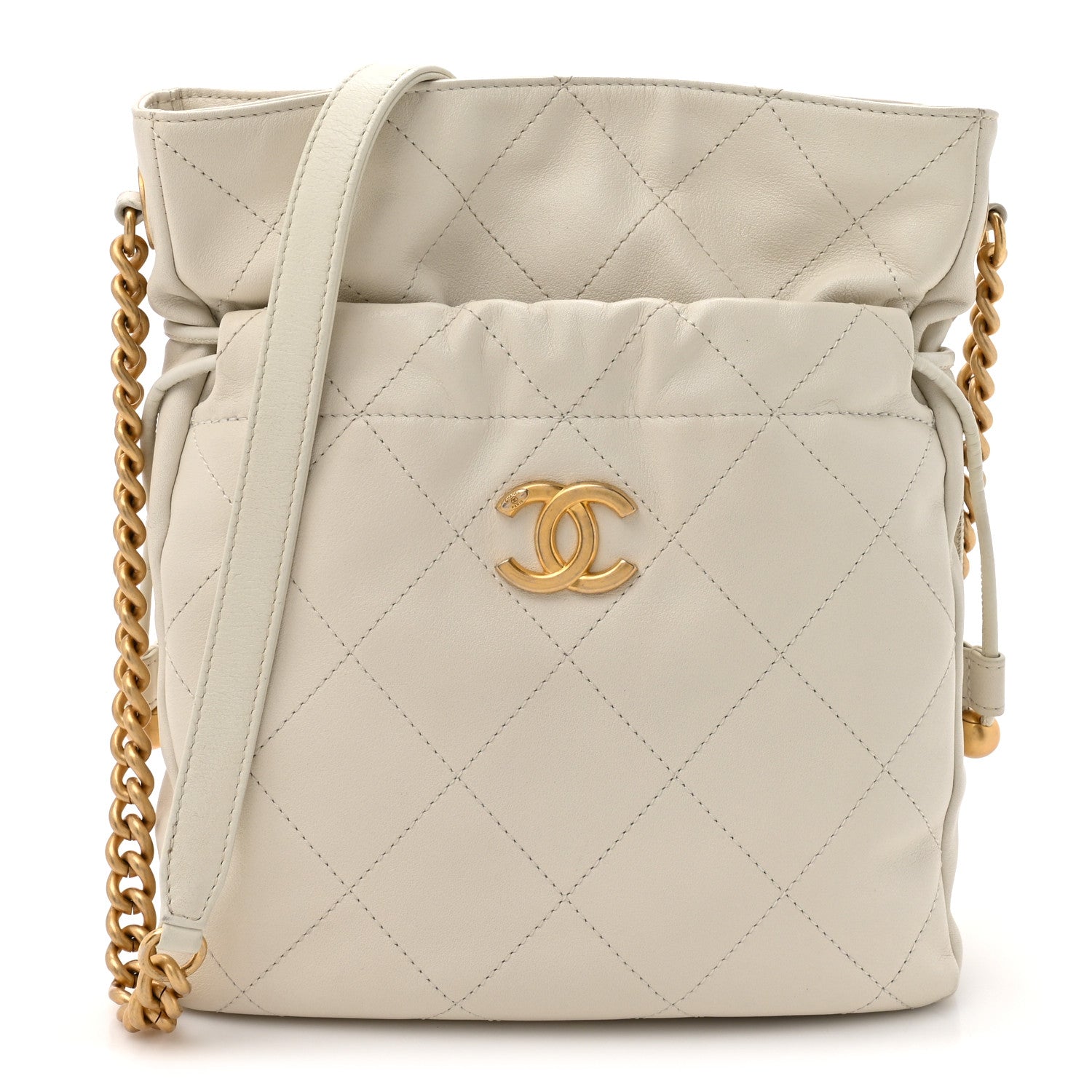 Chanel Calfskin Quilted Drawstring Bucket Bag White 1 of 15