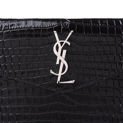 Saint Laurent Calfskin Crocodile Embossed Uptown Monogram Clutch Black 8 of 8